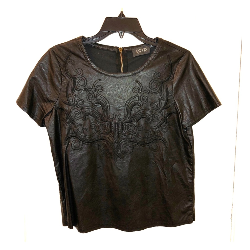 Embroidered short sleeve faux leather top